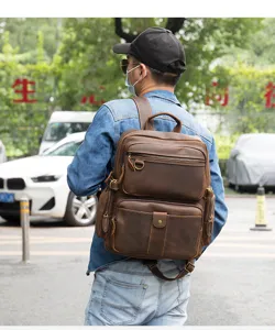Sac à dos vintage en cuir véritable pour homme, grand format bureau voyage ordinateur sac.