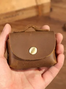 Étui à Clés en Cuir Véritable Vintage Fait Main Mini Sac Écouteurs Porte-Monnaie Avec Fermeture Pression Métallique Unisexe