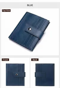 Elegante portafoglio blu da uomo in pelle con vari scomparti e chiusura a bottone.