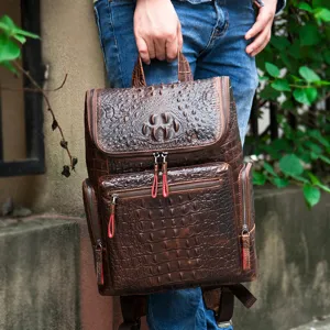 Sac à Dos en Cuir Véritable pour Hommes Vintage Business Sac pour Ordinateur Portable Casual Voyage Sac à Dos avec Motif Alligator