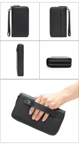Men black leather long clutch wallet double zipper business casual purse with wrist strap