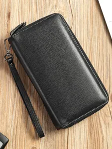 Men's Genuine Leather Clutch Bag Vintage Business Long Wallet With Wrist Strap Multi-Card Slot Zipper Purse