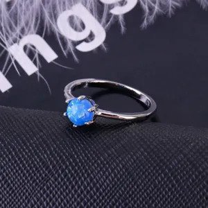 Minimalist fashion blue opal ring for women, sterling silver plated gemstone jewelry.