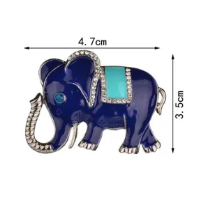 Detailed view of the cute blue enamel elephant brooch with sparkling rhinestones and size.