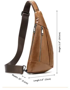 Men's brown leather sling backpack chest bag casual crossbody daypack with zip pockets.