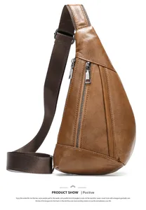Men's brown genuine leather sling bag casual crossbody chest bag with adjustable strap.
