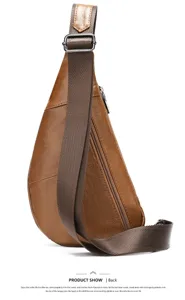 Stylish brown leather sling bag for men, casual chest crossbody bag with adjustable strap.