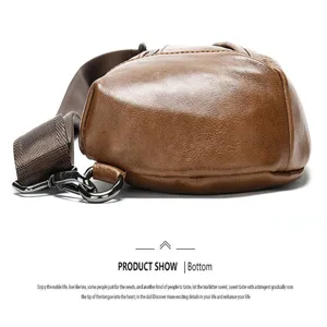 Brown leather chest bag details, men sling bag with adjustable strap and metal hardware.