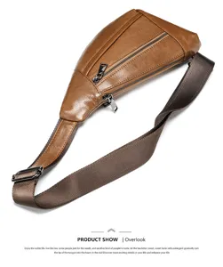 Men's brown leather chest bag casual sling backpack stylish crossbody bag with adjustable strap