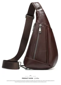 Stylish brown genuine leather chest bag for men, casual sling shoulder messenger bag daily use.