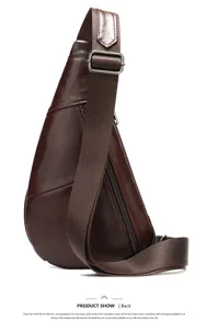 Men's brown genuine leather sling chest bag with adjustable strap and front zipper pocket.