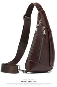 Brown genuine leather men sling bag detail, stylish chest bag with dual zippers and strap.