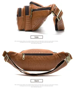 Sac banane en cuir véritable marron pour homme, sac de poitrine vintage motif croco multi-poches.