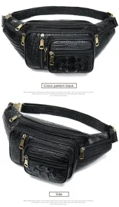 Sac banane homme en cuir véritable motif crocodile noir, vue de détail avec poches zippées.