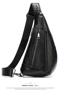 Men black leather sling bag casual chest pack stylish crossbody shoulder bag for daily use