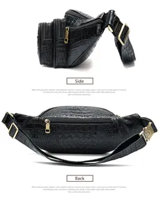 Vue détaillée du sac de poitrine en cuir croco noir, montrant la structure latérale et arrière.