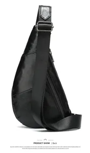 Men black leather sling chest bag casual shoulder messenger bag fashion crossbody backpack.
