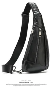 Men genuine leather sling bag chest pack with dual zipper pockets and adjustable strap detail