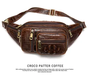 Sac Banane Homme Cuir Véritable Motif Crocodile Sac Poitrine Extérieur Loisir Bandoulière