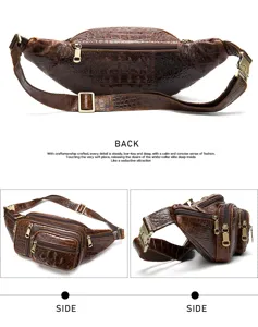 Sac banane en cuir véritable pour homme, sac de poitrine vintage motif crocodile multi-poches.