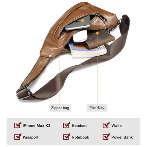 Men brown leather chest bag casual crossbody sling bag with multi pockets and adjustable strap.