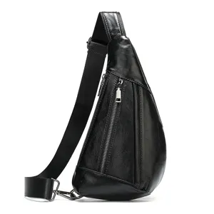 Black genuine leather chest bag for men, casual sling shoulder crossbody bag, side view.