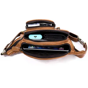 Sac de taille en cuir véritable pour homme vintage marron multi-poches sac de poitrine