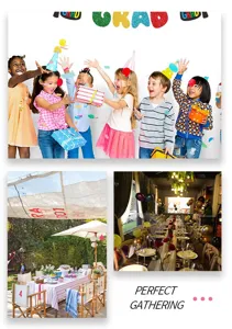 Scène de détail de vaisselle de fête montrant des enfants célébrant et des décors de table festifs.