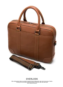 Brown leather business briefcase laptop bag with detachable shoulder strap for men