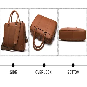 Detailed view of brown leather men briefcase showing side, top and bottom structures.