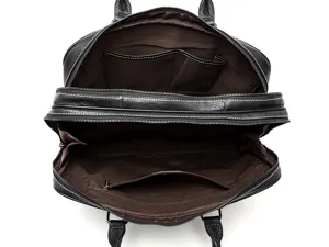 Black leather men's business briefcase, large capacity laptop bag with multiple compartments.
