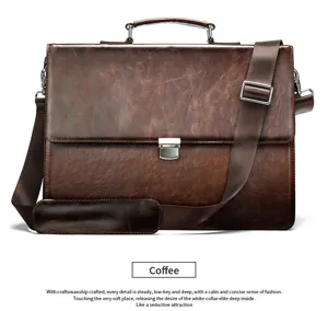 Men's brown leather briefcase vintage business messenger bag with top handle and shoulder strap