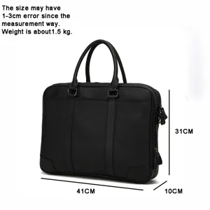 Black leather business briefcase for men, large capacity laptop bag with dimensions 41x31x10cm.