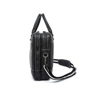 Men's leather business briefcase 14 inch laptop bag with shoulder strap and dual zip compartments