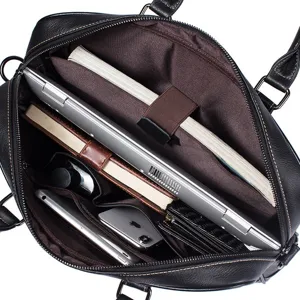 Black leather laptop bag for men, large capacity business briefcase with multiple compartments.
