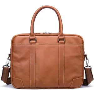 Professional brown leather business briefcase for men, large capacity laptop bag with strap.
