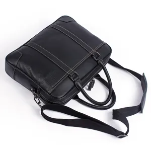 Men's leather briefcase 14 inch laptop bag business travel office messenger bag black