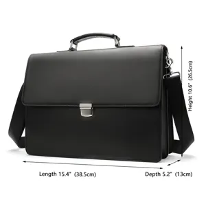 Mens leather briefcase business laptop shoulder bag with metal lock and adjustable strap.