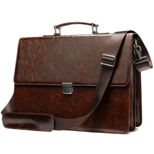 Men vintage brown leather business briefcase laptop messenger bag with adjustable shoulder strap