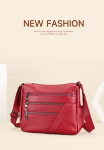 Red leather shoulder bag detail, multi-zipper design, versatile and stylish crossbody bag.