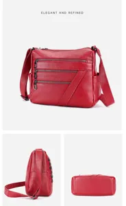 Detailed view of red leather women shoulder crossbody bag with multiple zippers and strap.