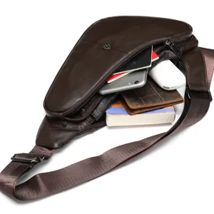 Genuine leather chest bag detail view, casual retro crossbody sling bag for men with large capacity.