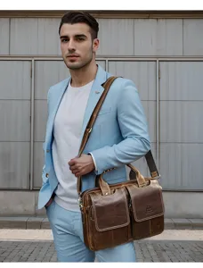 Detailed view of the genuine leather business briefcase carried by a professional model.