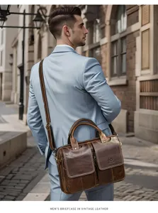 Vintage mens leather briefcase, casual laptop bag and business messenger bag detail view.