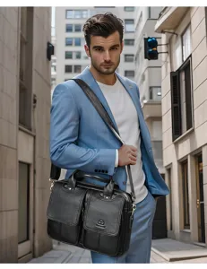 Detail shot of mens genuine leather business briefcase in black showing front pocket and metal logo.