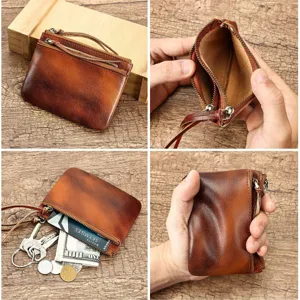 Vintage genuine leather mini coin purse women zipper wallet with multi-compartment key pouch