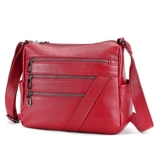 Genuine Leather Women Shoulder Bag Large Capacity Crossbody Bag Casual Cowhide Handbag Multilayer Zipper Satchel