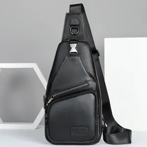 Men genuine leather sling chest bag detail, black crossbody daypack with multiple zipper pockets.