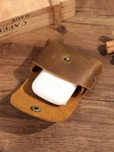 Véritable étui AirPods en cuir rétro poche monnaie vintage marron sac de rangement portable.