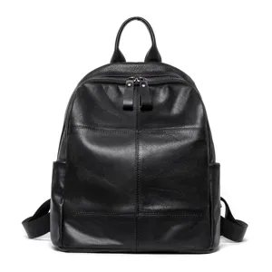 Black genuine leather backpack for women, large capacity fashion casual daypack